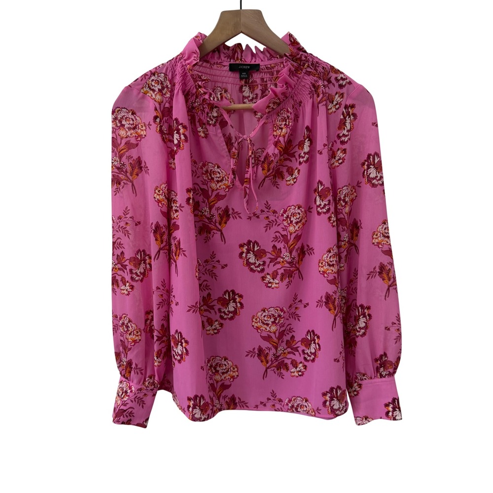 J.Crew Floral Smocked Ruffle Neck Blouse XS Pink Long Sleeve Chiffon Top
